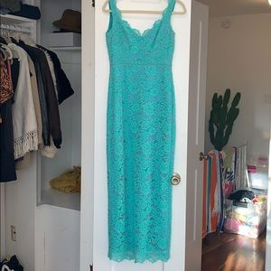 Nicole Miller blue turquoise lace appliqué dress